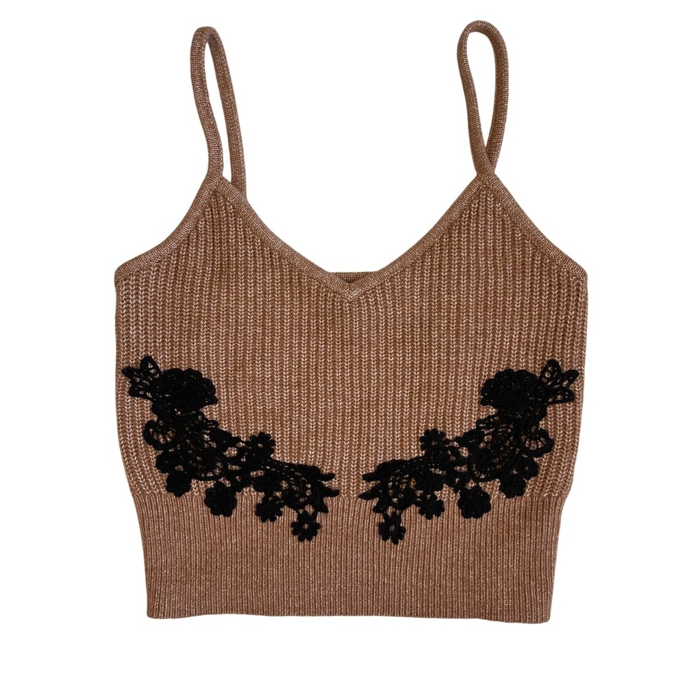 Express Conscious Edit Camel Tan Ribbed Knit Lace Applique Crop Cami Top Small